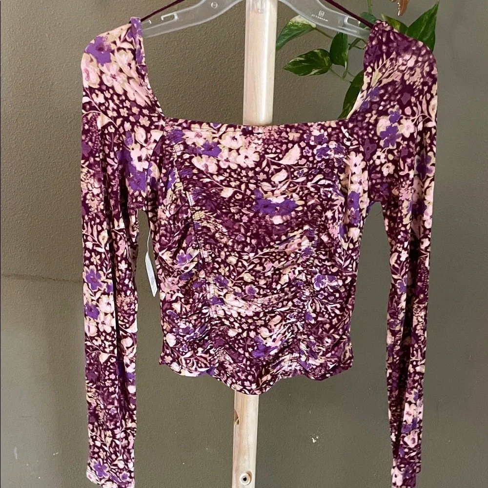 Free People Purple Floral Blouse with Black Lace